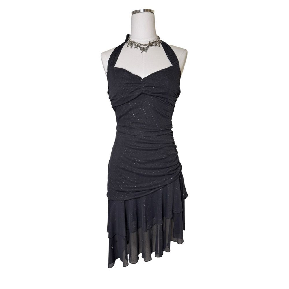 Y2K My Michelle Dark Gray Sparkle Asymmetrical Halter Fairy Dress Size Small